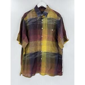 Barry Bricken Button Down Shirt Mens Large Yellow Multicolor Striped Linen Blend